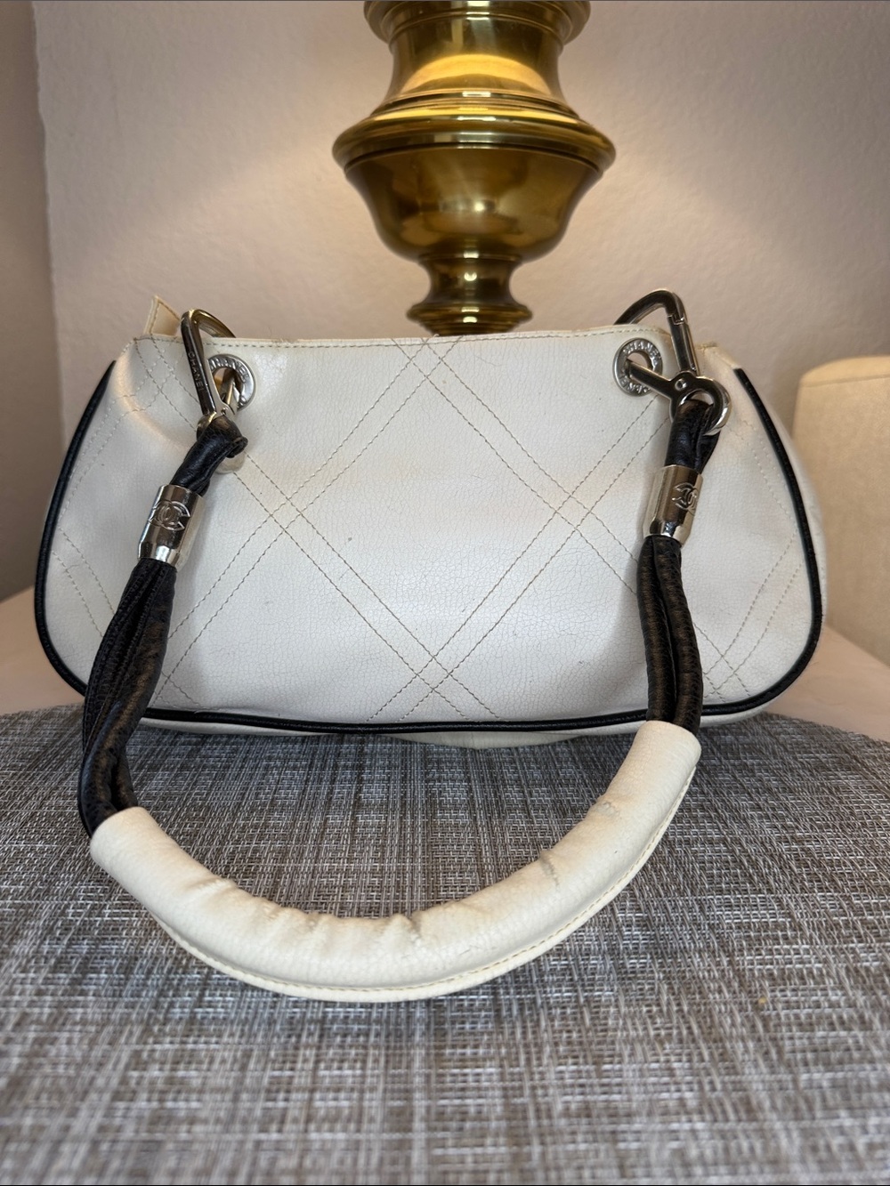 White Quilted Shoulder Bag with Black Handles